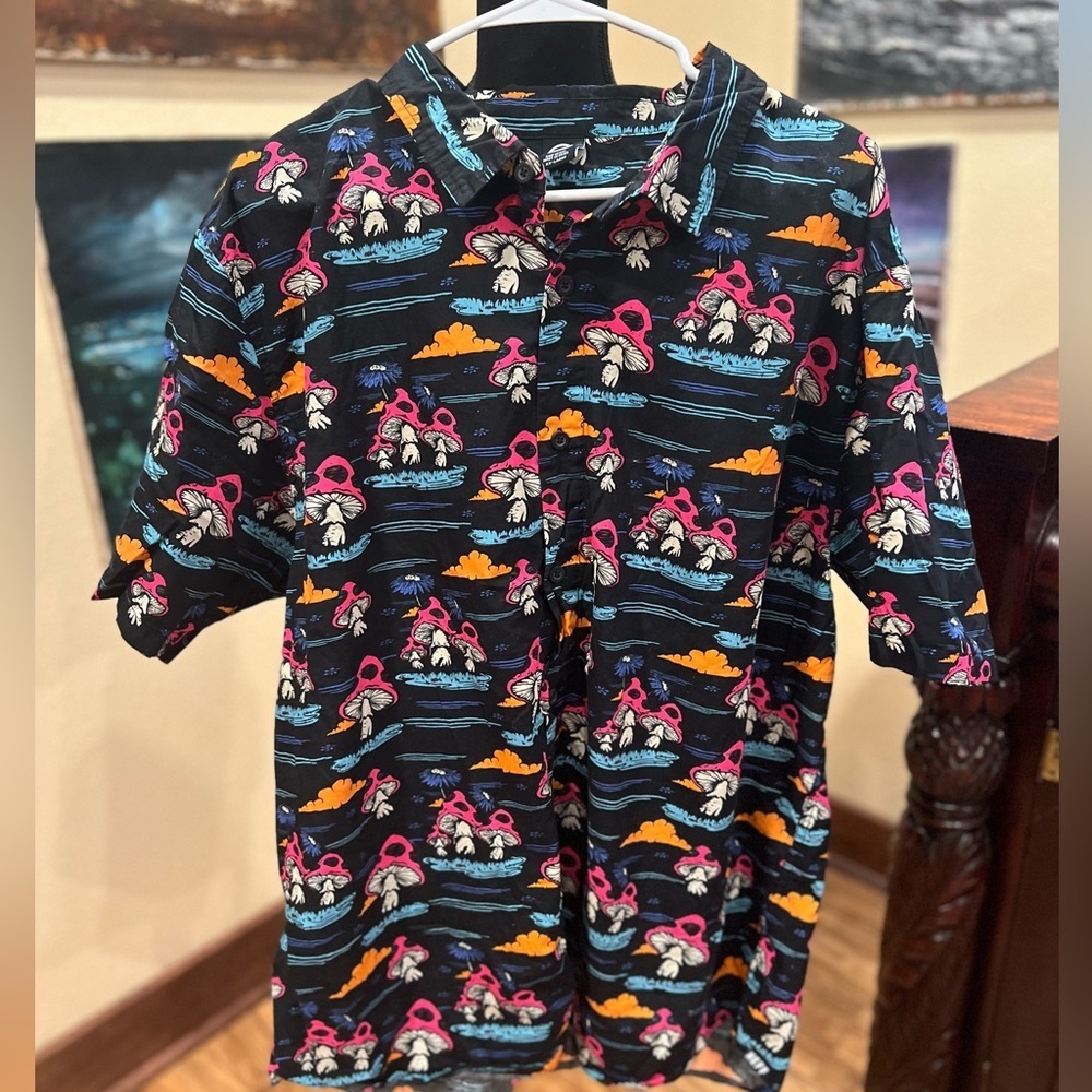 Neff Black Button-Down Shirt with Pink, Orange & Blue Surf Print